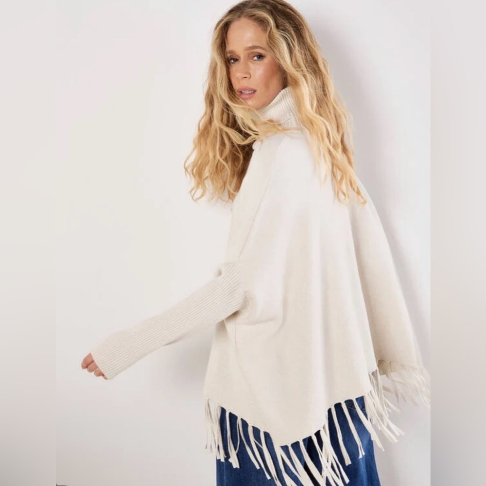 Apricot 🍑 - Women’s Cream Turtleneck Fringe Poncho Sweater